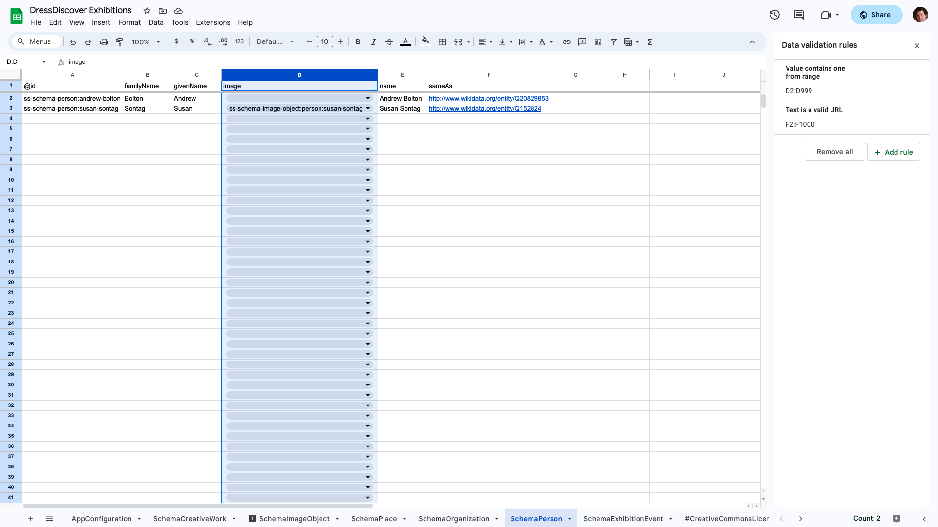 Screenshot of data validation rules