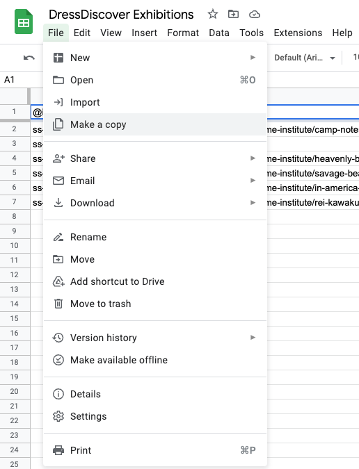 Screenshot of making a copying in Google Sheets