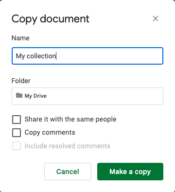 Screenshot of naming a copy in Google Sheets