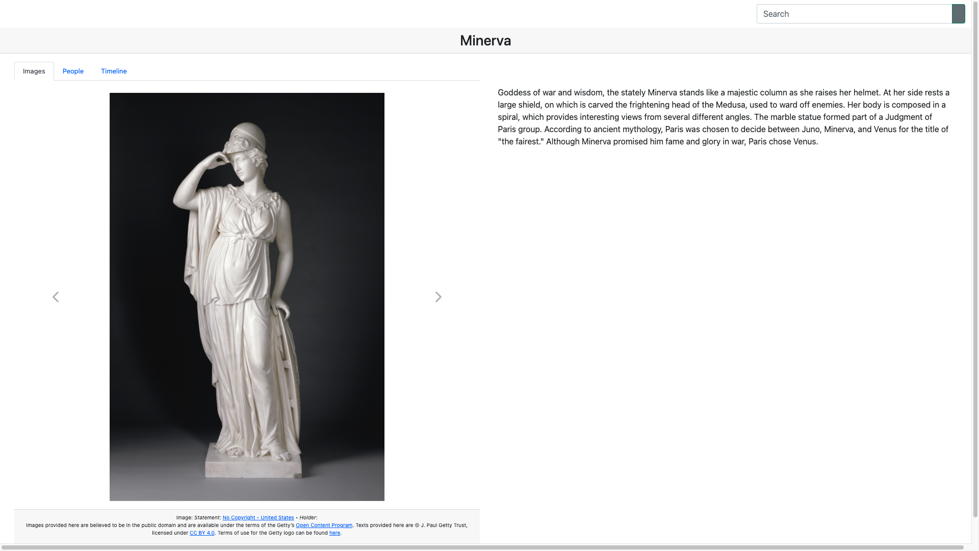 Screenshot of the Paradicms work-search app with Getty collection data