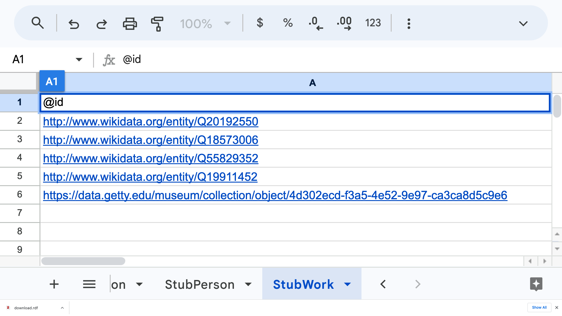 Screenshot of stub models in a spreadsheet