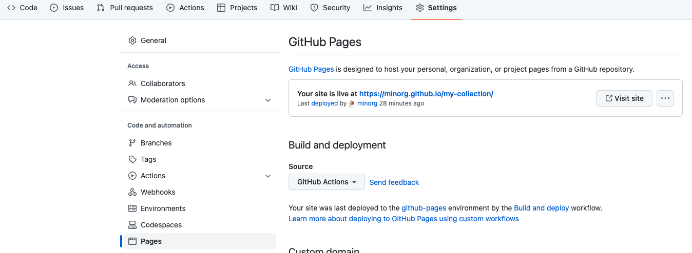 Screenshot of a successfully-configured, live GitHub Pages